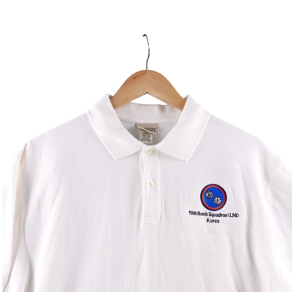 LL Bean Mens M White B-26 90th Bomb Squadron Korea‎ Polo Shirt Short Sleeve